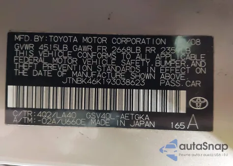 2009 Toyota Camry Xle V6 z USA, uszkodzony, nr VIN JTNBK46K193038623